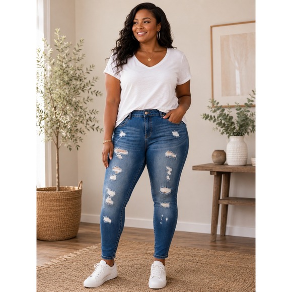 Denim - Torrid Bombshell Skinny Jeans Size 12R Distressed Ripped Stretch Denim Blue